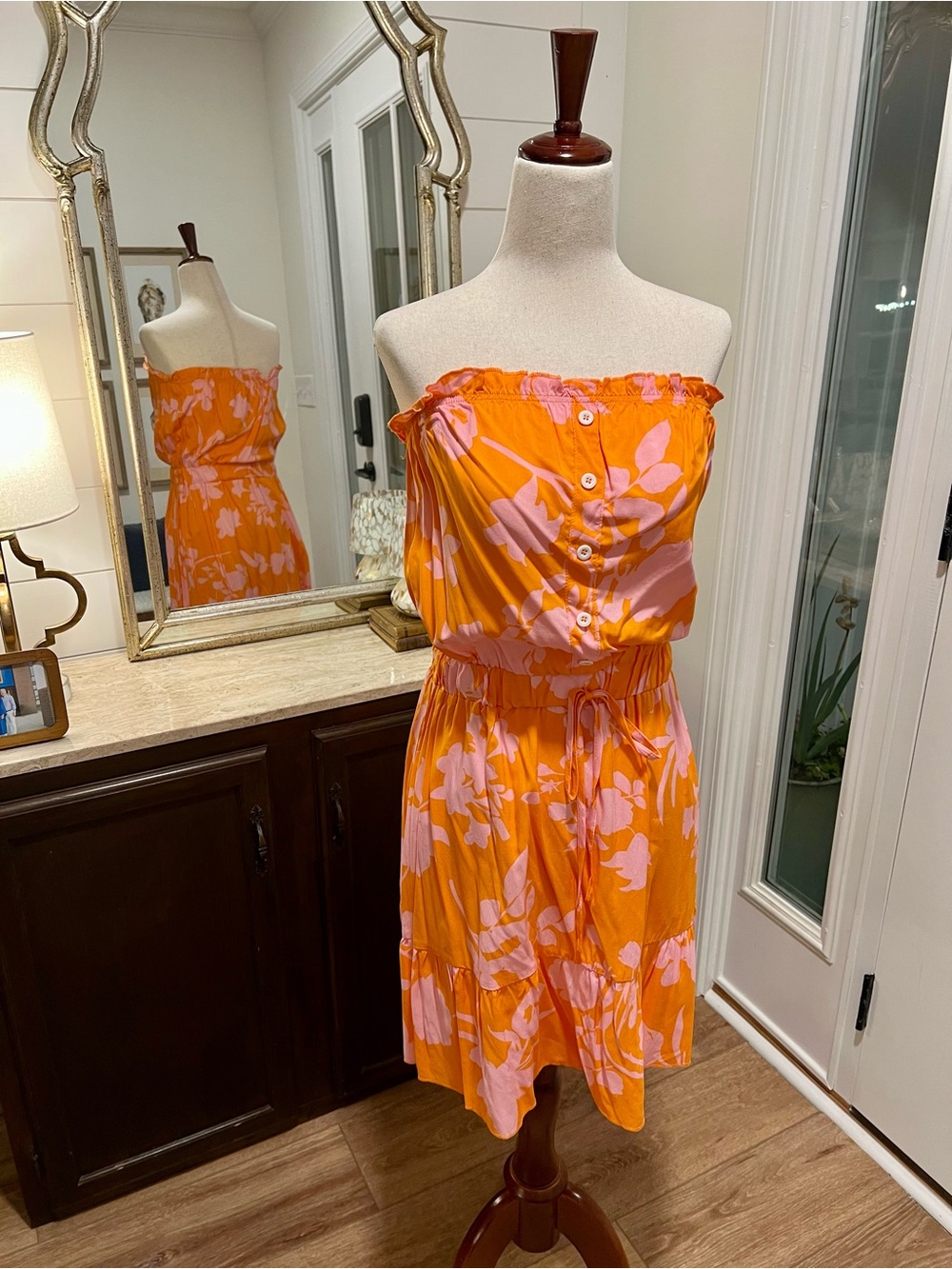 Amazon Orange Strapless Floral Sundress with Pink Print